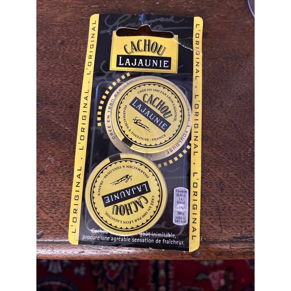 Vtg SEALED 2- Cachou Lajaunie Tin Toulouse France Yellow Metalicon Original Pkg